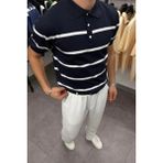 Tarz Cool Erkek Lacivert Düğmeli Polo Yaka Çizgi Detaylı Slim Fit Triko T-Shirt