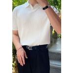 Tarz Cool Erkek Mat Beyaz Slim Fit Fitilli Polo Yaka Triko T-Shirt