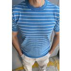 Tarz Cool Erkek Mavi Kısa Kollu Fitilli Akrilik-Pamuk Karışımlı Triko T-Shirt
