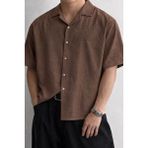 Tarz Cool Erkek Nakış Detaylı Oversize Gömlek Kısa Kollu Yazlık Rahat Kalıp Vintage Gömlek - Kahverengi - XL