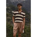 Tarz Cool Erkek Oversize Kalın Örgü Polo Yaka Triko Fileli Tişört Çizgili Vintage Yazlık Rahat Fit - Kahverengi