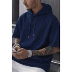 Tarz Cool Erkek Oversize Kısa Kollu Kapüşonlu Tişört Sweatshirt - Lacivert - XL