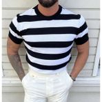 Tarz Cool Erkek Polo Yaka Çizgili Triko T-Shirt - M - Beyaz - Siyah