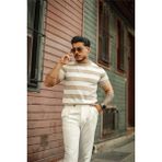 Tarz Cool Erkek Polo Yaka Çizgili Triko T-Shirt - XL - Beyaz - Taş