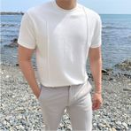 Tarz Cool Erkek Şeritli Triko T-Shirt - Beyaz - XL