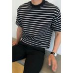 Tarz Cool Erkek Şeritli Triko T-Shirt - Mat Siyah