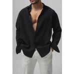 Tarz Cool Erkek Siyah Düz Keten Oversize Gömlek