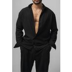 Tarz Cool Erkek Siyah Embossed Oversize Gömlek
