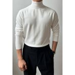 Tarz Cool Erkek Siyah Tam Balıkçı Slim Fit Triko Kazak - Beyaz