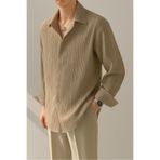 Tarz Cool Erkek Vizon Bürümcük Slim Fit Gömlek Yaka Uzun Kollu Gömlek