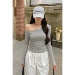 Tarz Cool Gri Kadın Düşük Omuz Kayık Yaka Dar/Slim Uzun Kollu T-Shirt
