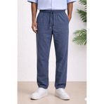 Tarz Cool İndigo Renk Erkek Yazlık Keten Karışımı Relaxed Pantolon
