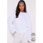 Tarz Cool Kadın %100 Pamuk Bisiklet Yaka Oversize Fit Uzun Kollu Beyaz T-shirt
