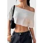 Tarz Cool Kadın Beyaz Kayık Yaka Oversize Crop T-Shirt