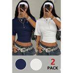 Tarz Cool Kadın Beyaz-Lacivert Kısa Kollu Crop Tişört – Bisiklet Yaka, Slim Fit, Günlük & Şık Basic T-Shirt