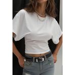 Tarz Cool Kadın Beyaz Yarasa Kol Belden Oturtmalı Pamuklu T-shirt