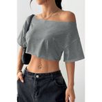 Tarz Cool Kadın Gri Kayık Yaka Oversize Crop T-Shirt