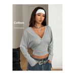 Tarz Cool Kadın Gri Kruvaze Yaka Uzun Kollu Crop Bluz