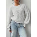Tarz Cool Kadın Lacivert Oversize Bisiklet Yaka Balon Kol Fitilli Triko Kazak - Beyaz - S - M