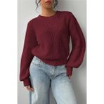 Tarz Cool Kadın Lacivert Oversize Bisiklet Yaka Balon Kol Fitilli Triko Kazak - Bordo - S - M