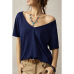 Tarz Cool Kadın Lacivert Oversize-Salaş V Yaka Basic Tişört