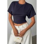 Tarz Cool Kadın Lacivert Yarasa Kol Belden Oturtmalı Pamuklu T-shirt