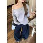 Tarz Cool Kadın Oversize Uzun Kollu Düşük Omuz Geniş Yaka T-Shirt %100 Pamuk Gri Renk - S - M