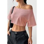 Tarz Cool Kadın Pembe Kayık Yaka Oversize Crop T-Shirt