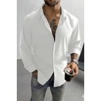 Tarz Cool Keten Görünümlü Yarım Oversize Uzun Kollu Erkek Gömlek - Beyaz