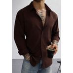 Tarz Cool Keten Görünümlü Yarım Oversize Uzun Kollu Erkek Gömlek - Kahverengi - XL