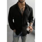 Tarz Cool Keten Görünümlü Yarım Oversize Uzun Kollu Erkek Gömlek - Siyah - XL