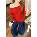 Tarz Cool Kırmızı Kadın Düşük Omuz Kayık Yaka Oversize Uzun Kollu T-Shirt
