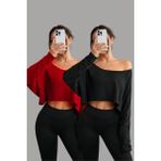 Tarz Cool Kırmızı - Siyah 2Li Kadın Düşük Omuz Kayık Yaka Oversize Uzun Kollu Crop T-Shirt