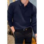 Tarz Cool Koyu Gri Erkek Polo Yaka Fitilli Triko Kazak - Lacivert - XL