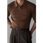Tarz Cool Koyu Kahve Erkek Polo Yaka Fitilli Triko Kazak