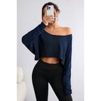 Tarz Cool Lacivert Kadın Düşük Omuz Kayık Yaka Oversize Uzun Kollu Crop T-Shirt