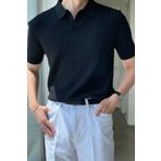 Tarz Cool Mat Siyah Erkek Fitilli Polo Yaka Triko T-Shirt