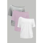 Tarz Cool Pembe Beyaz Gri 3lü paket Kadın Düşük Omuz Kayık Yaka Oversize T-Shirt
