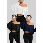 Tarz Cool Siyah - Beyaz - Lacivert 3lü Kadın Düşük Omuz Kayık Yaka Oversize Uzun Kollu Crop T-Shirt