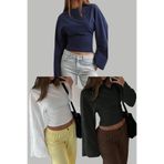 Tarz Cool Siyah - Beyaz - Lacivert 3Lü Paket Kadın Uzun Kollu Belden Oturtmalı Bluz