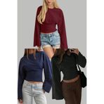 Tarz Cool Siyah - Lacivert - Bordo 3Lü Paket Kadın Uzun Kollu Belden Oturtmalı Bluz