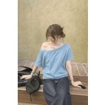 Tarz Cool Turkuaz Kadın Düşük Omuz Kayık Yaka Oversize T-Shirt