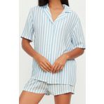 Tarz Rahat Kısa Kollu Boru Paça Çizgili Viskon Üstü Geniş Kalıp Dokuma Pijama Takımı