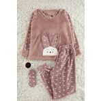 Tarz Rahat Uzun Kollu Boru Paça 3lü Kalpli Uyku Bantlı Polar Kışlık Örme Pijama Takımı