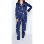 Tarz Rahat Uzun Kollu Boru Paça Ay Desenli Polar Kışlık Örme Pijama Takımı