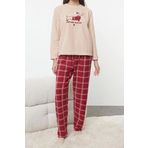 Tarz Rahat Uzun Kollu Boru Paça Ekoseli Yılbaşı Temalı Polar Kışlık Örme Pijama Takımı