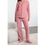 Tarz Rahat Uzun Kollu Boru Paça Gri Kış Temalı Cepli Polar Kışlık Örme Pijama Takımı