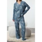 Tarz Rahat Uzun Kollu Boru Paça Kadın Galaksi Desenli Viskon Dokuma Pijama Takımı