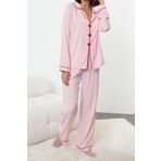 Tarz Rahat Uzun Kollu Boru Paça Kalpli Biyeli Viskon Dokuma Pijama Takımı