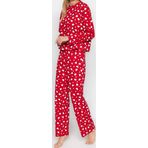 Tarz Rahat Uzun Kollu Boru Paça Kırmızı %100 Pamuk Kalpli Tshirt-Pantolon Örme Pijama Takımı